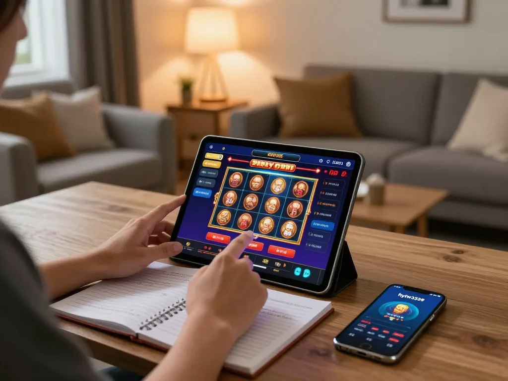 Engage with the hytw3339 app on a tablet while enjoying a cozy home gaming environment.