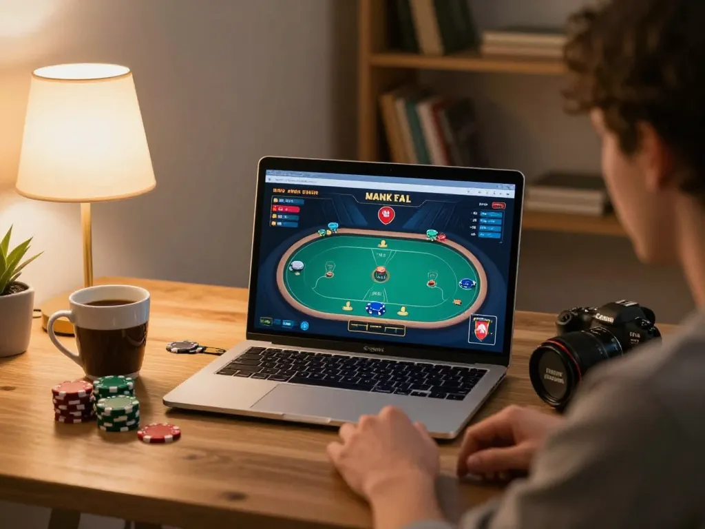 Engaging in poker gameplay on SC88 using laptop, showcasing an at-home gaming environment.