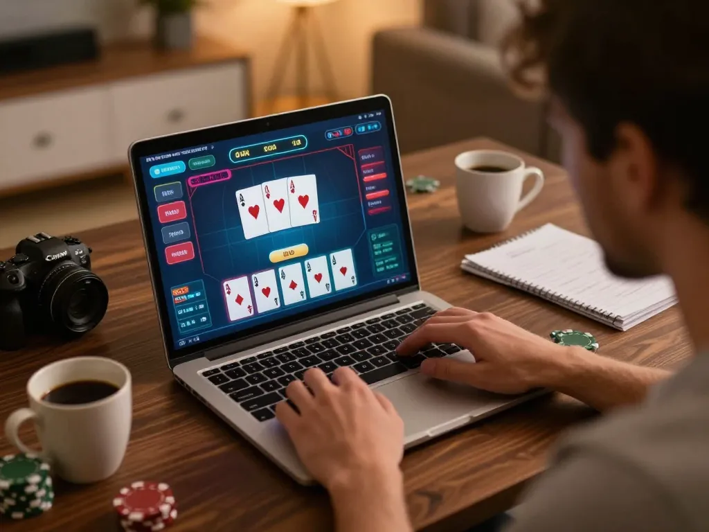 Player viewing NK88 link on laptop for online poker in strategic gaming setup