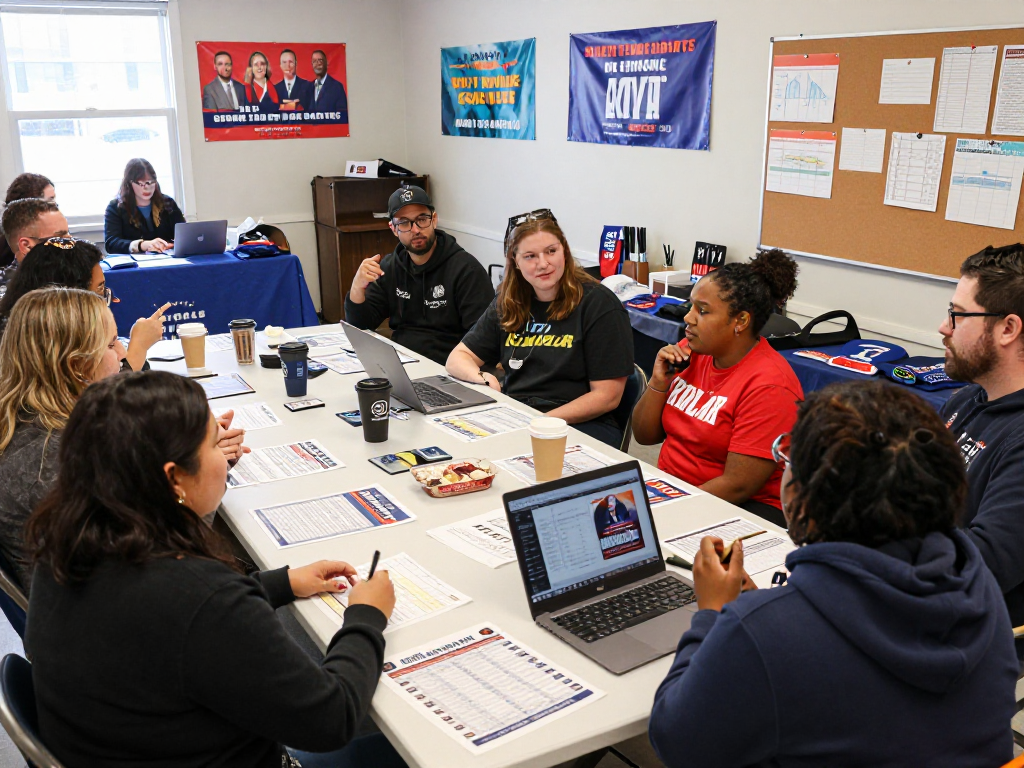 Grassroots fundraising services at a vibrant political campaign meeting with engaged volunteers promoting local candidates, showcasing teamwork and community involvement.