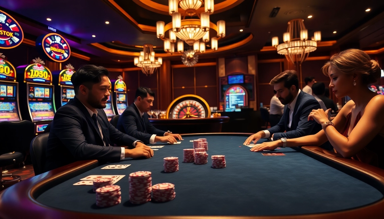 Gamble at a luxurious DR88 casino table featuring exciting poker gameplay and vibrant slot machines.