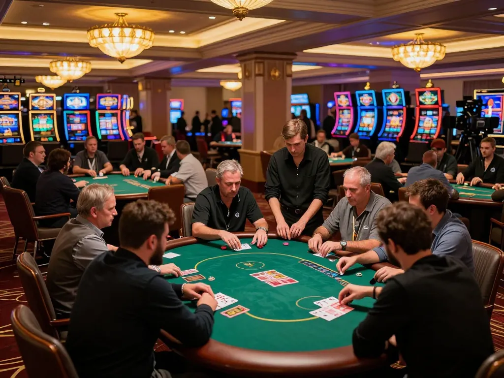 Players engage in intense poker game action at the casino, showcasing strategic gameplay in vibrant lighting.