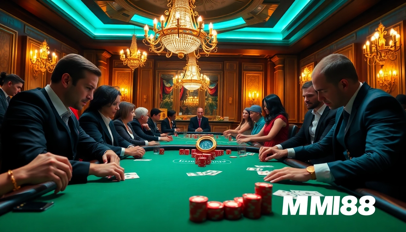 Gambling players engage at a poker table, showcasing Nhà cái MM88's thrilling atmosphere.
