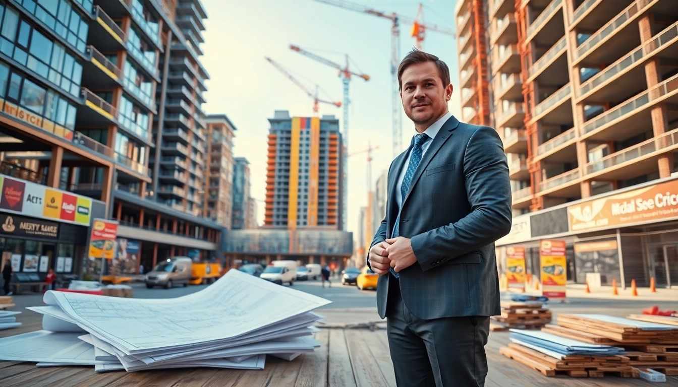 Commercial building developer reviewing building plans at a construction site.