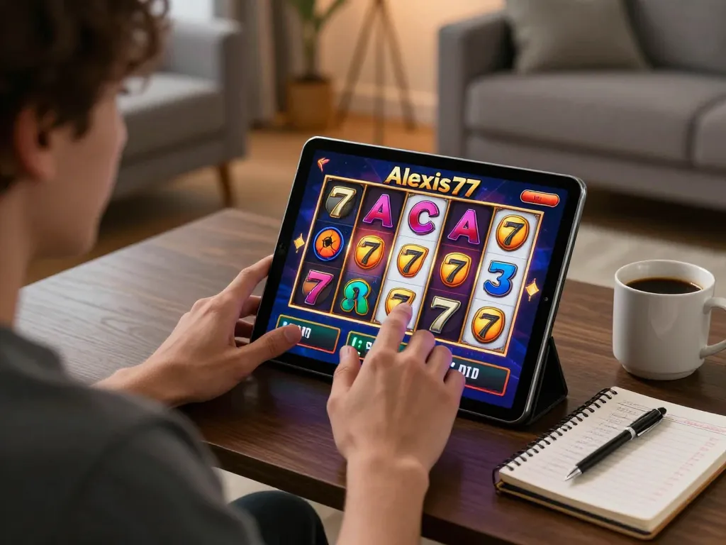 Engaging player enjoying the alexis77 slot game on a tablet, displaying exciting reels and home atmosphere.
