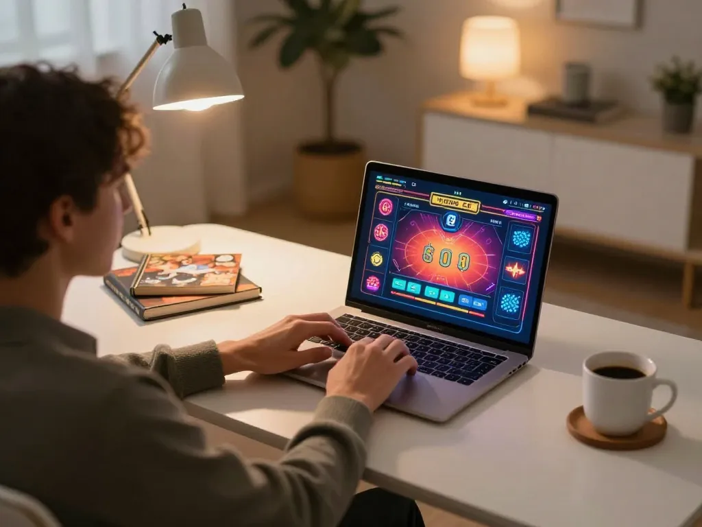 Engaging in KP88 poker gameplay on a laptop, showcasing a comfortable home gaming setup.