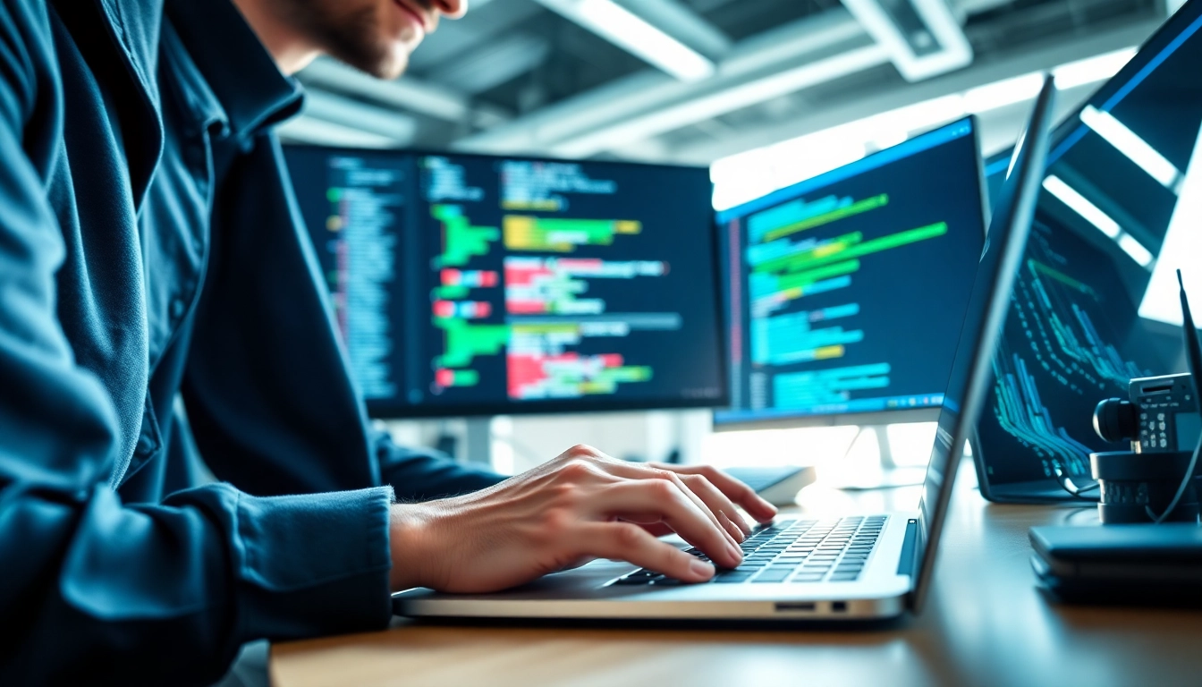 Engaged professional coding confidently with a laptop in a vibrant work environment, highlighting helloworld.