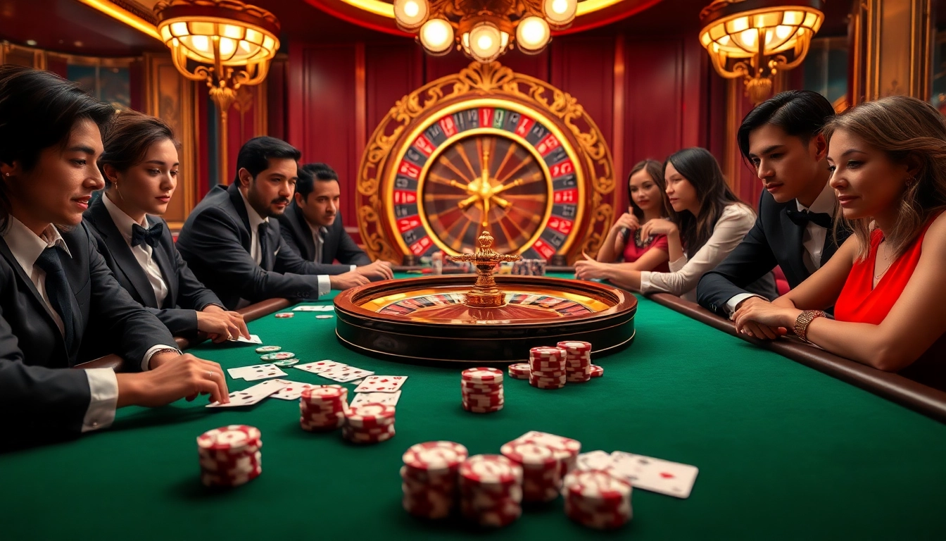 Players enjoy a thrilling game of poker at a luxurious 88aa casino table, showcasing excitement and professional ambience.