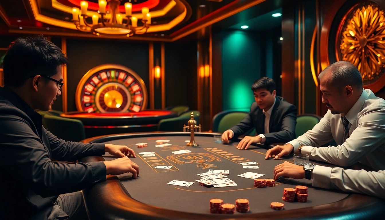 Players at a poker table showcasing TT88 chips and cards in an upscale casino environment.