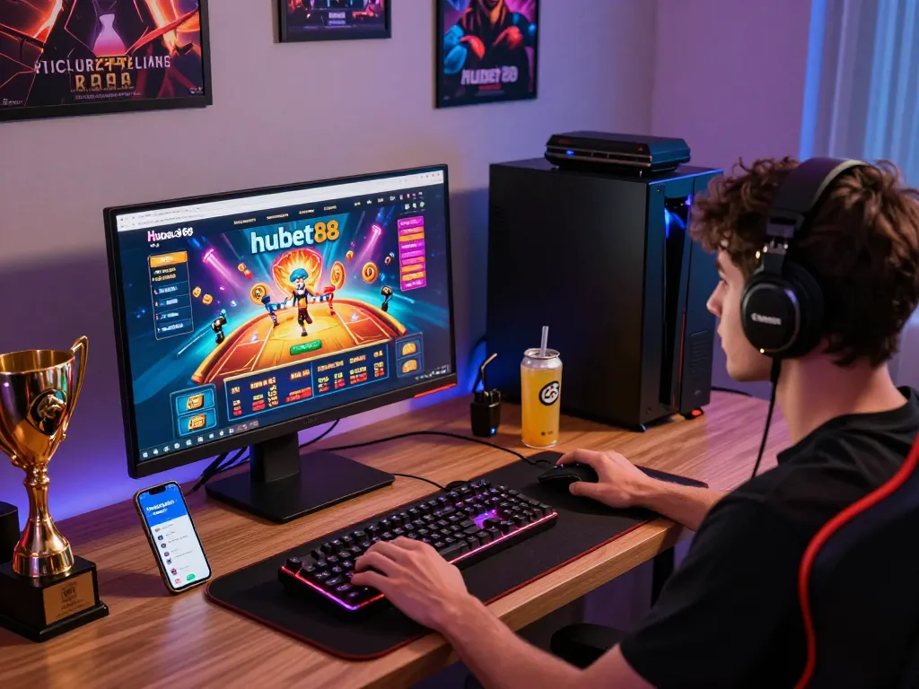 Engaging hubet88 online gaming setup with vibrant screen and accessories