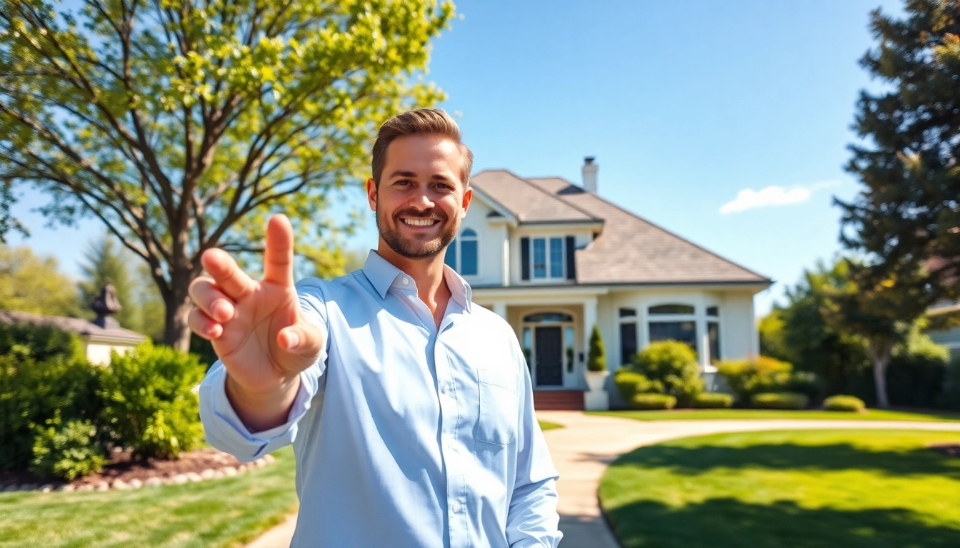 Showcasing real estate with a professional agent in a beautiful neighborhood.