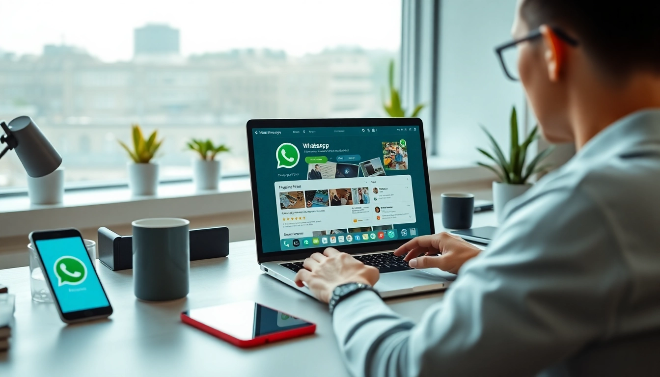 WhatsApp Web in a modern workspace showing seamless communication on a laptop.