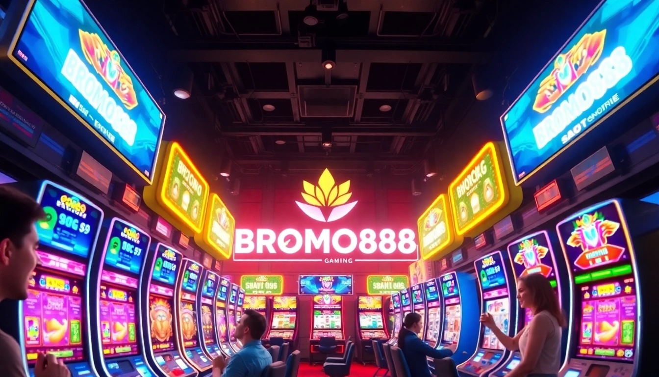 BROMO888 logo displayed in a vibrant online gaming scene featuring slot machines and digital engagement.