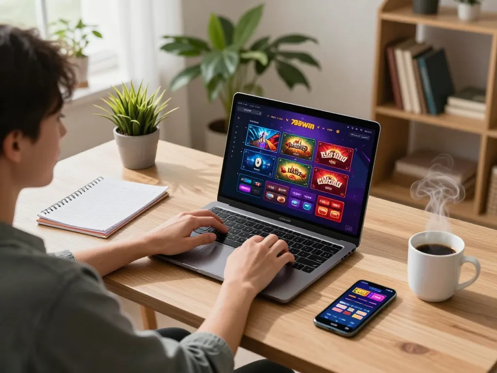 Player enjoying 789win hiện đang mở on a modern laptop, showcasing colorful games and strategic notes.