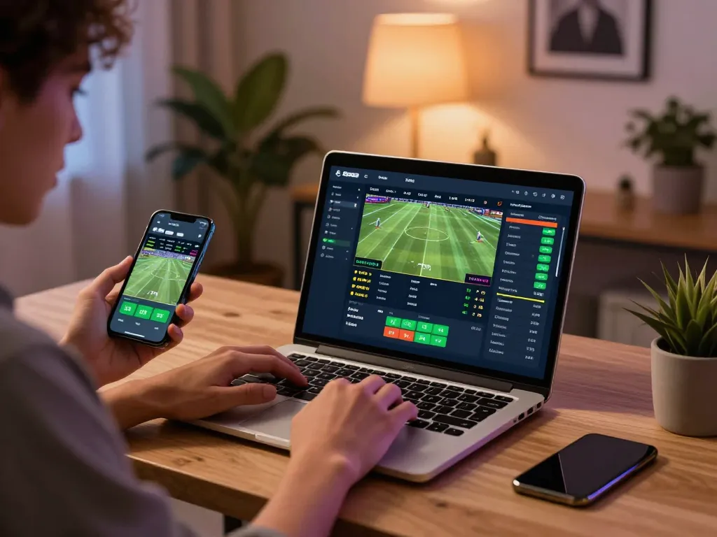 Engaging in live sports betting on J188 with laptop and mobile app in a cozy home office.