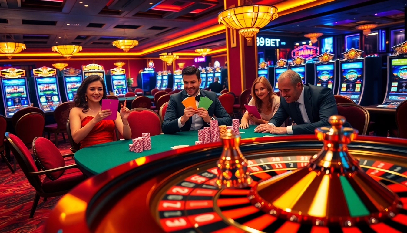 Experience the thrill of winning at 89bet within a luxurious casino featuring poker tables and roulette wheels.