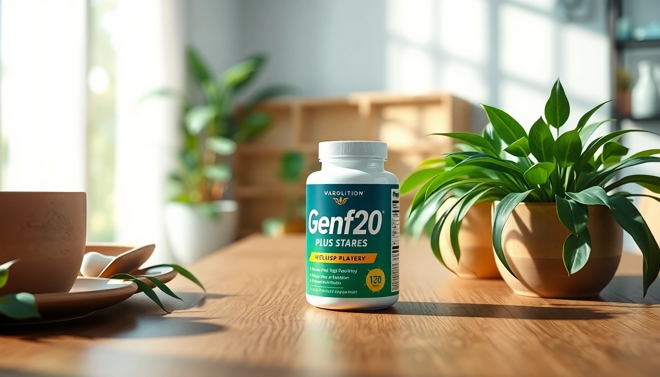 Showcasing Genf20 Plus supplements on a wooden table amidst greenery, highlighting health benefits.
