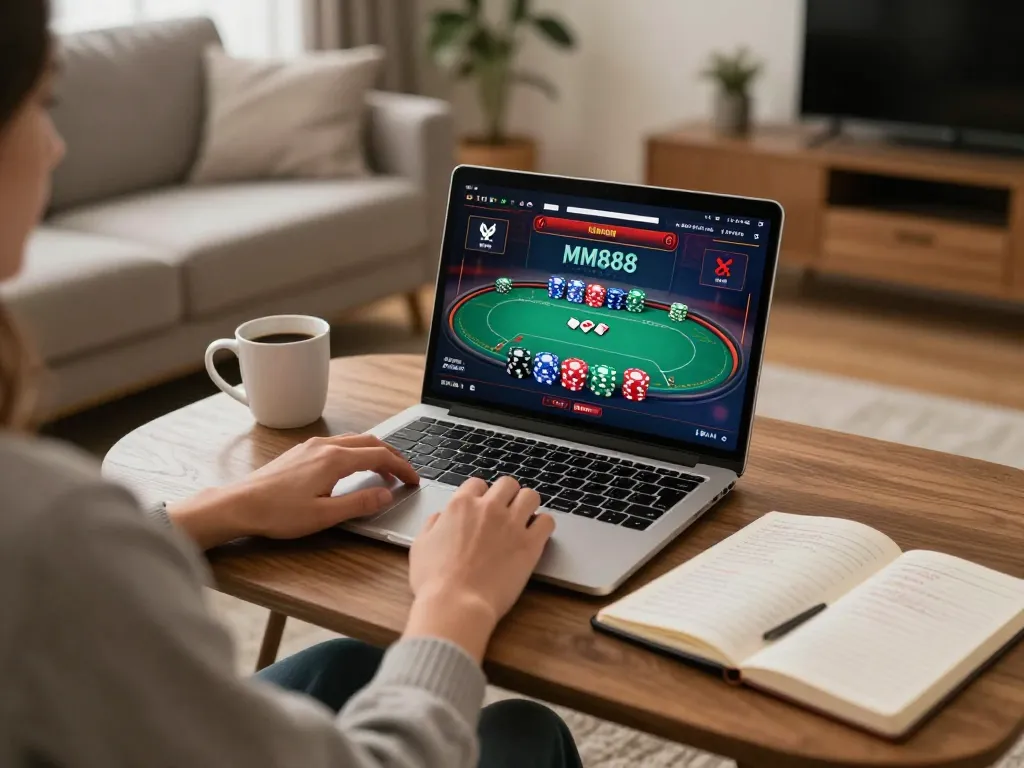 Engaging in online casino MM88 game on a laptop in a cozy home setting with poker action visible