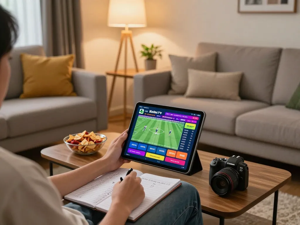 Xoilac TV user engaging with live sports betting on tablet, showcasing cozy home atmosphere