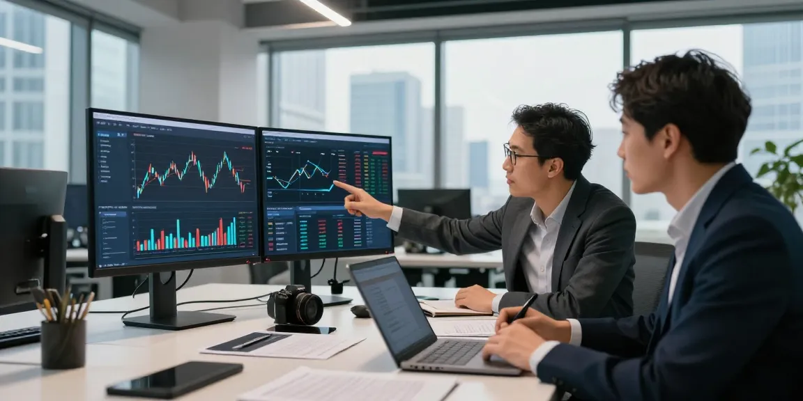 Financial crime intelligence analysis in a modern office with analysts discussing data insights.