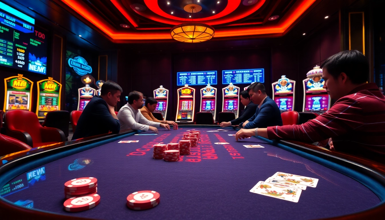 Players enjoy an MK8-themed poker game at a luxurious casino table, showcasing vibrant chips and cards.