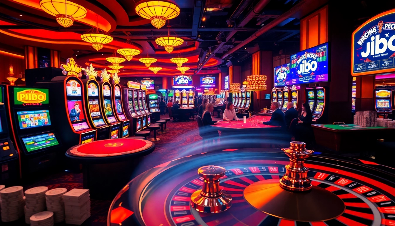 Experience the excitement of JBO with engaged players at illuminated casino tables and vibrant slot machines.