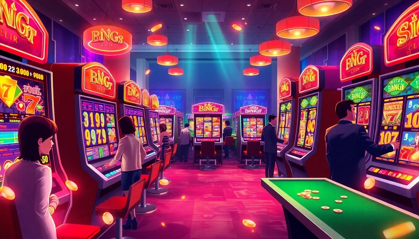 Nổ hũ gameplay showcased in a vibrant casino setting with colorful slot machines and excited players.