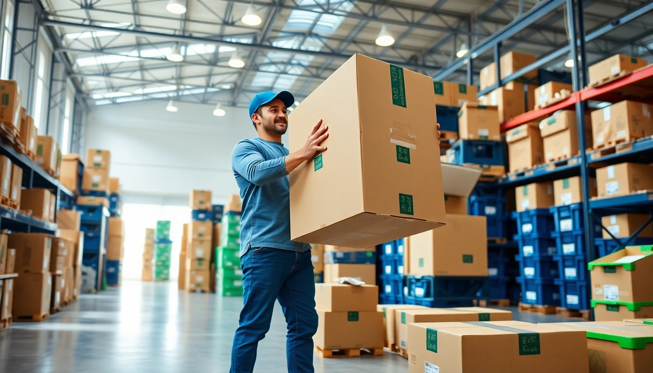 Movers from a moving company handling packages securely in a professional setting.