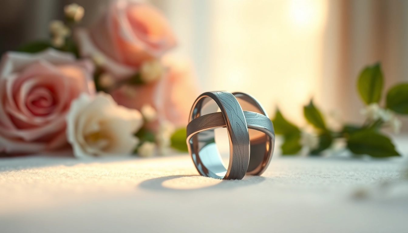 Featuring tungsten wedding bands elegantly displayed amidst soft roses, capturing their luxurious shine.