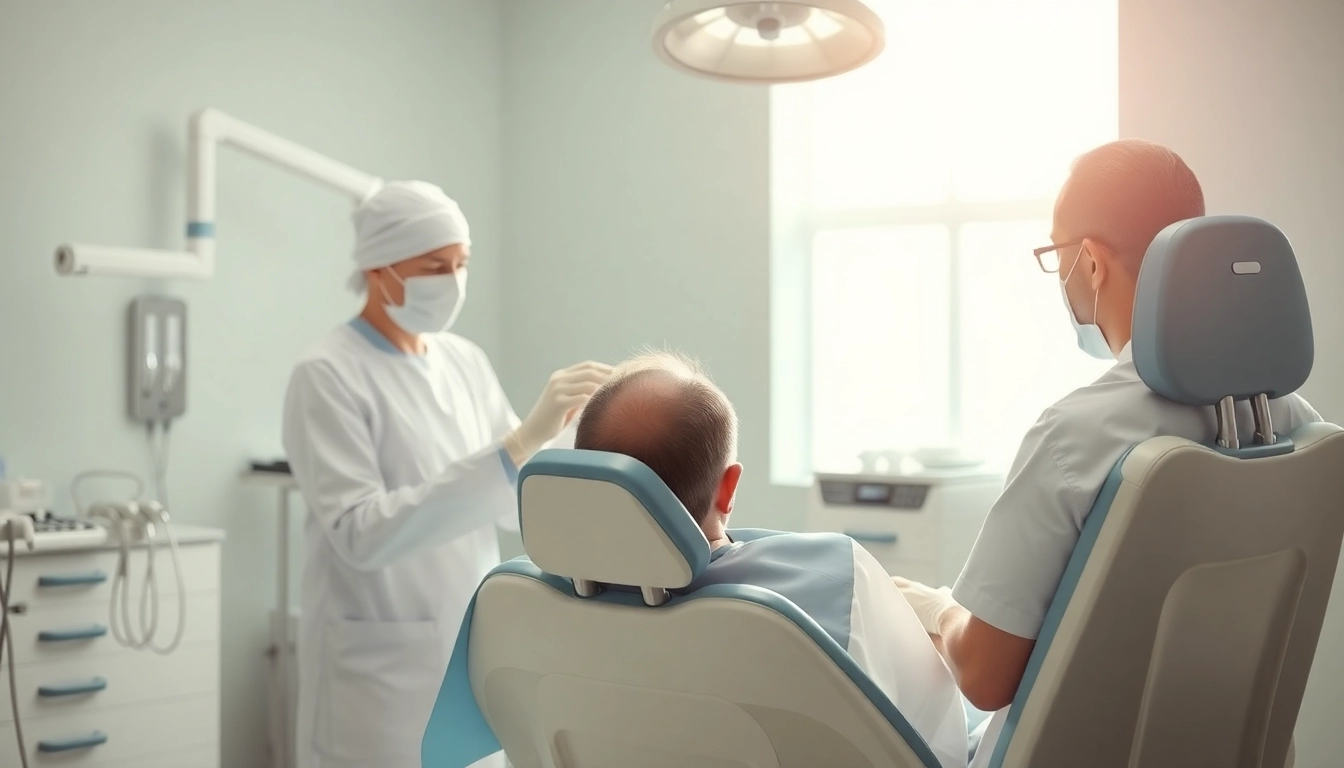 Surgeon performing a hair transplant procedure with professional precision in a bright medical setting.