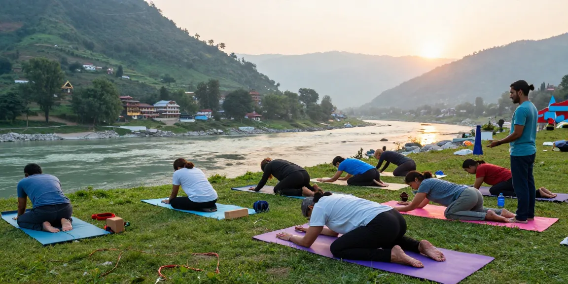 Yoga teacher training in Rishikesh, India, with diverse students practicing poses by the serene Ganges River.