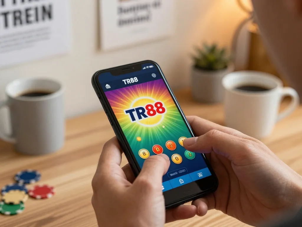 Player engaging with TR88 casino app on a smartphone, focused on strategic betting.