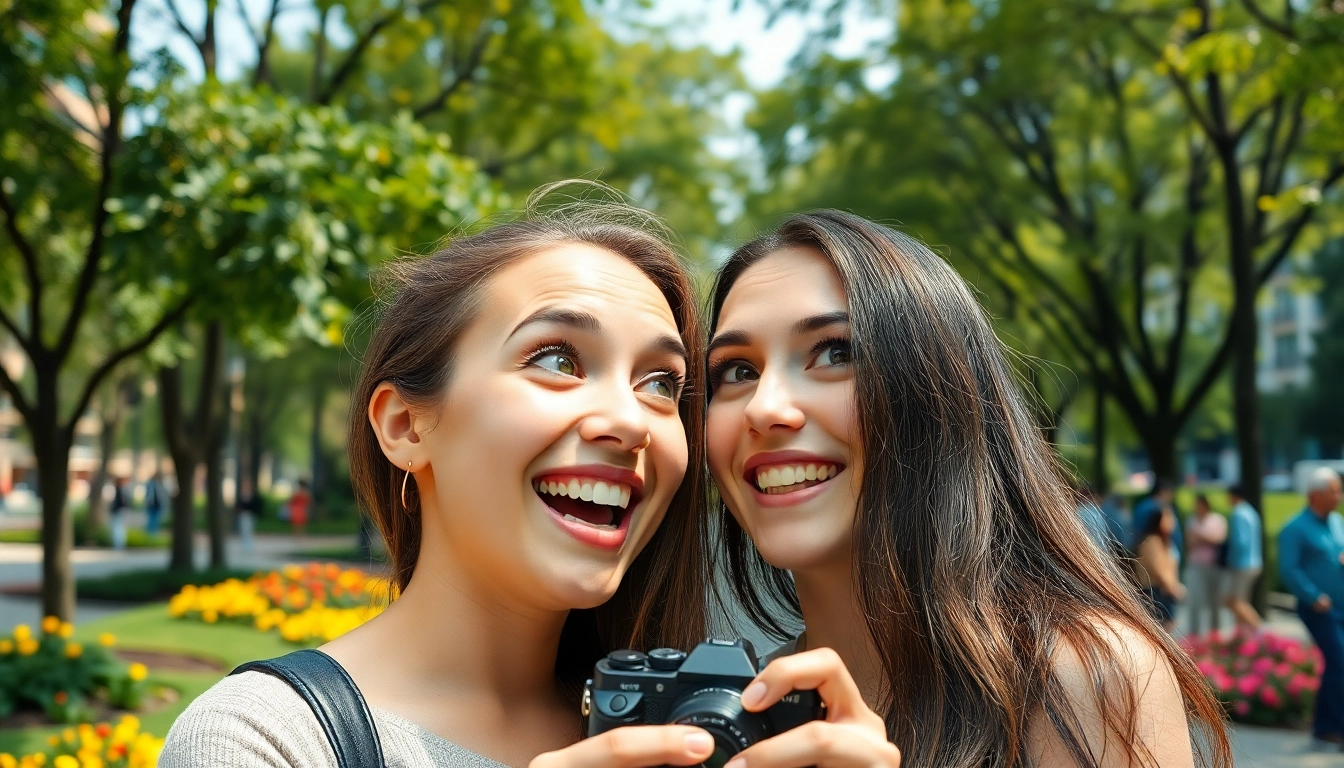 Face swap of two friends laughing in an urban park with vibrant colors.