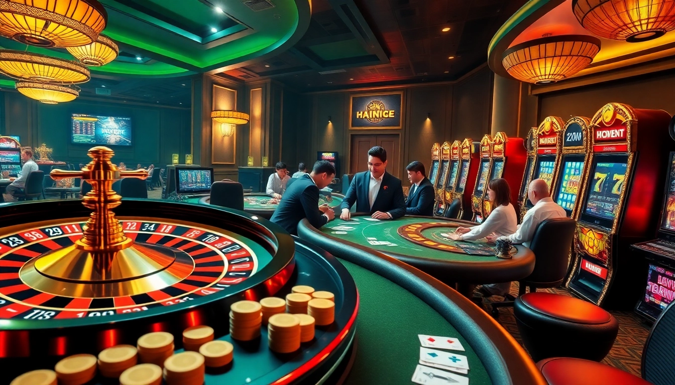 Players enjoying a thrilling gambling experience at U888 Casino with vibrant slot machines and poker tables.