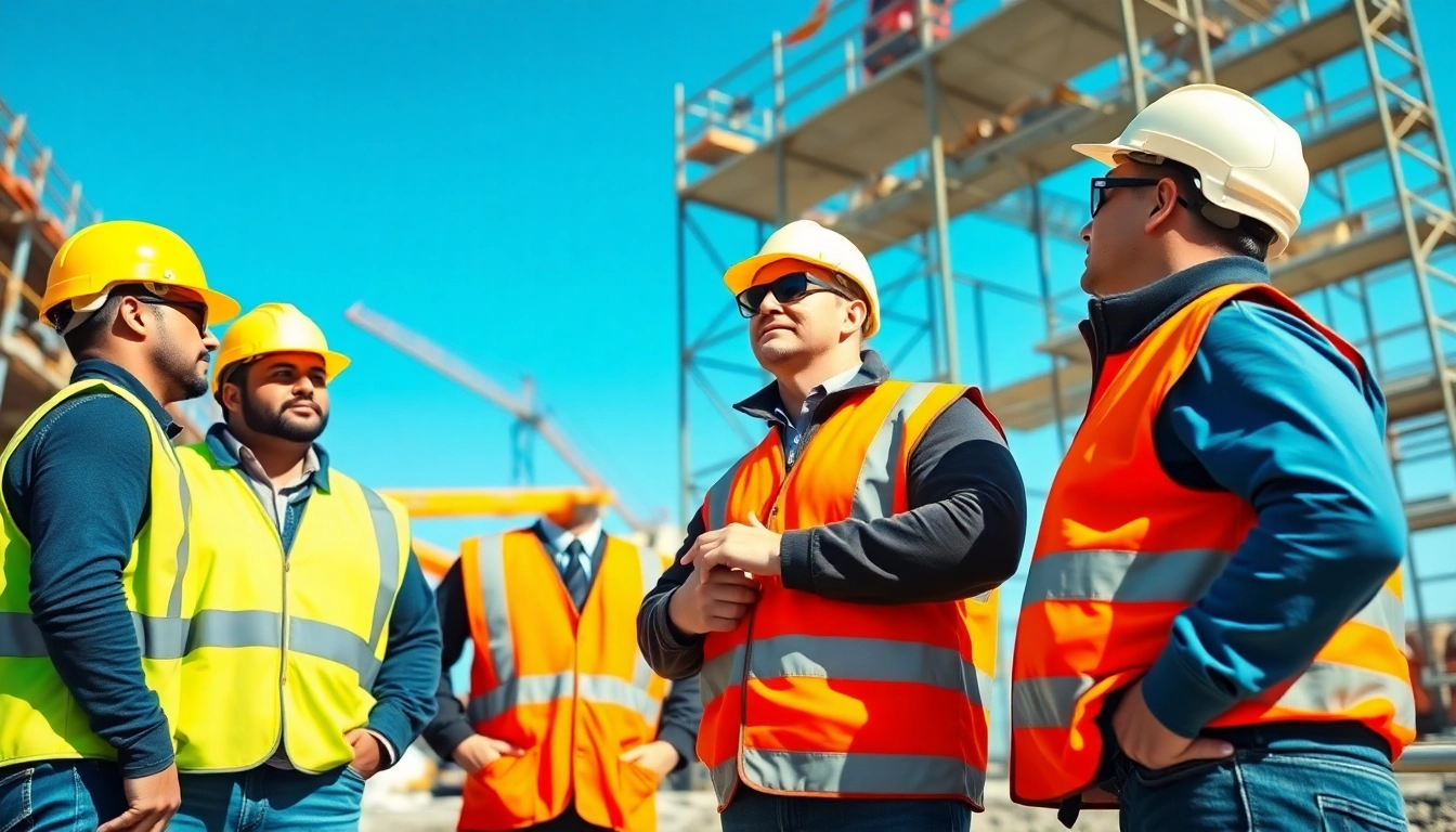 Workers demonstrating construction site safety practices at a bustling site