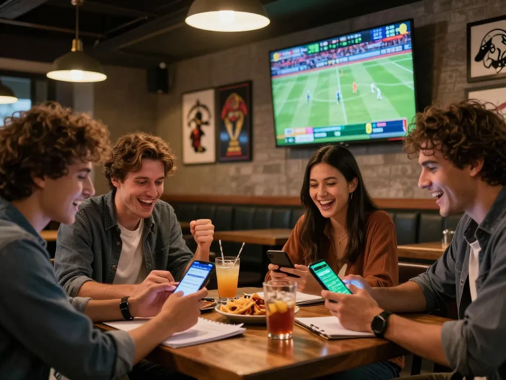 Friends engaging with the Ok9 betting app while enjoying sports at a lively bar