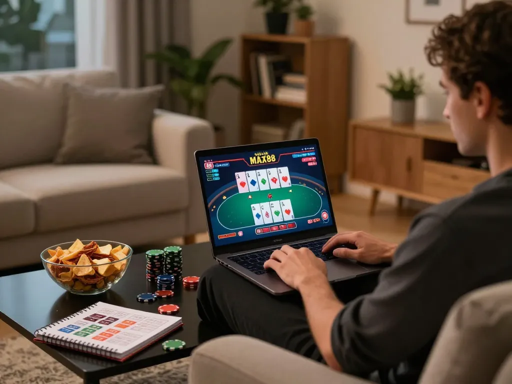 Engaged player exploring NHÀ CÁI MAX88 on a laptop from the comfort of home.