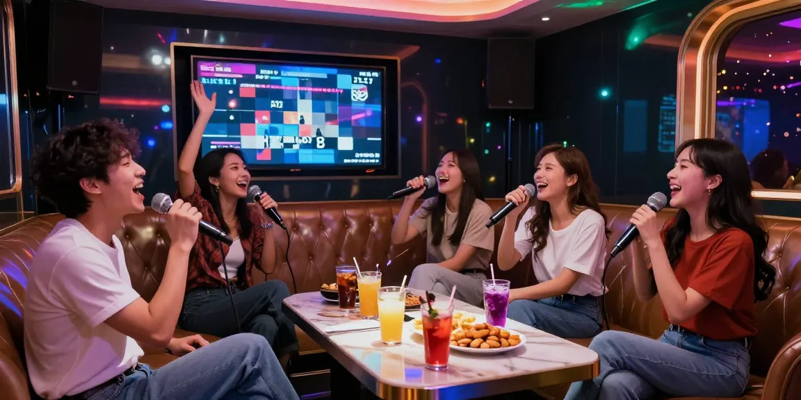 강남 가라오케에서 친구들과 함께 노래를 부르며 즐거운 시간을 보내는 모습