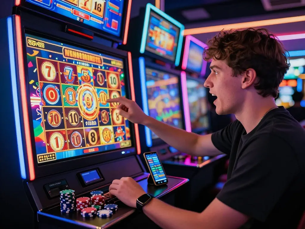 Players engage with link gacor on vibrant slot games, surrounded by chips and casino ambiance.