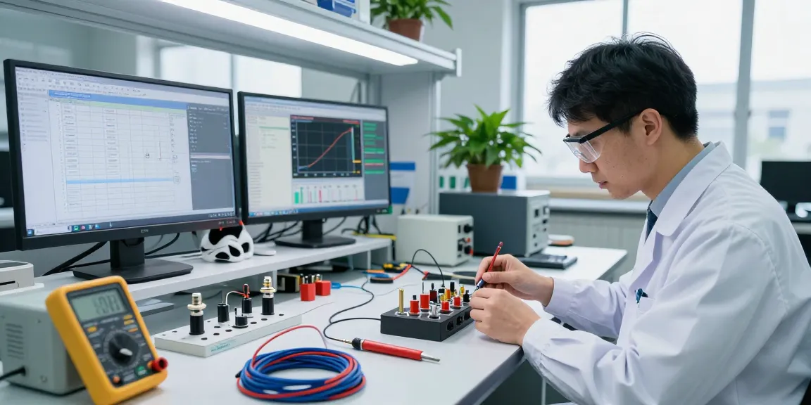 Engineer assembling geophone connectors with precision tools in a bright lab.