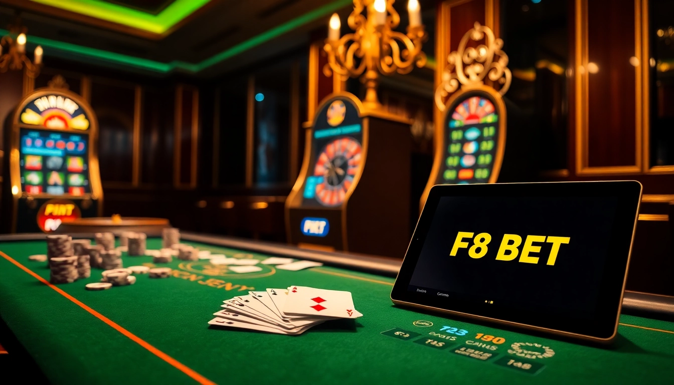 Play poker and win big with F8 BET in a vibrant luxury casino setting.