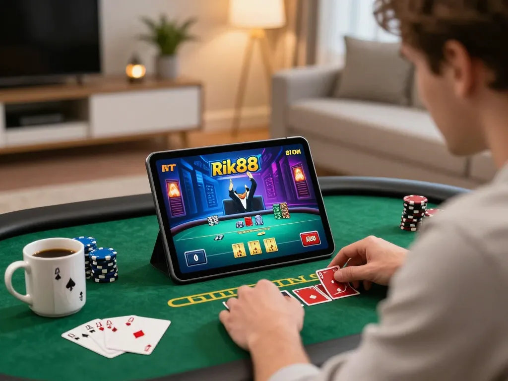 Engaged player enjoying poker on rik88 com tablet, highlighting online gaming strategy