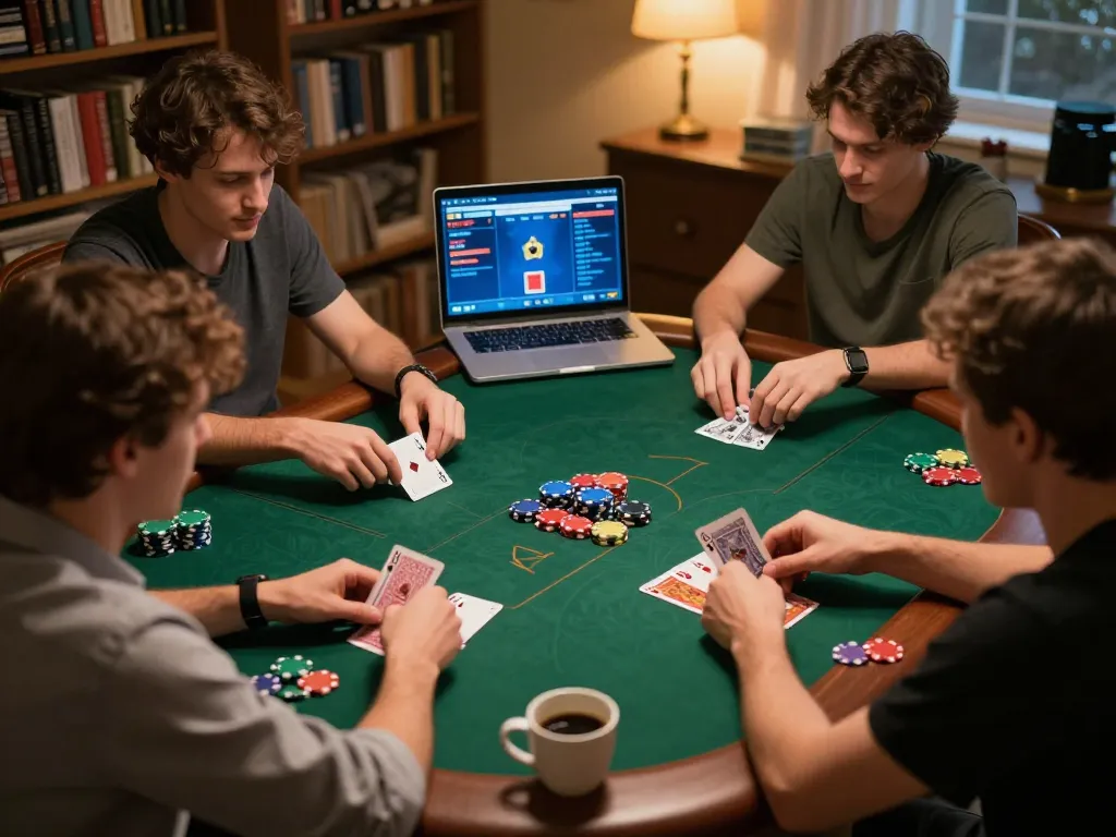 Action-packed online poker game on https://www.mnm88.com/ with players focused on strategy, colorful chips visible.