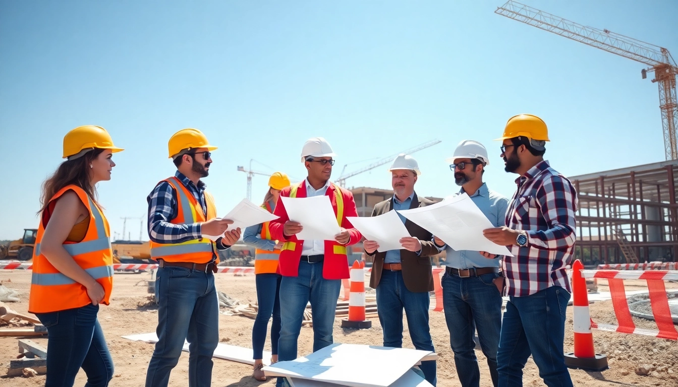 Team engaged in construction quality management at a bustling site with blueprints.