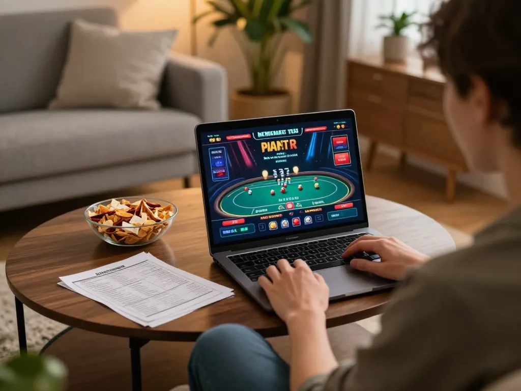 Engaging scene of gem88 online gaming setup with a player focused on poker strategies.