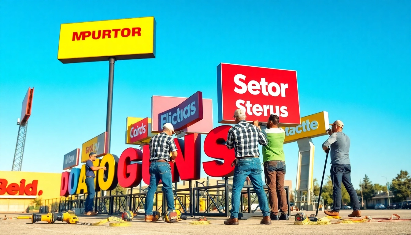 pm signs corporation team installing custom signage outdoors with modern tools.