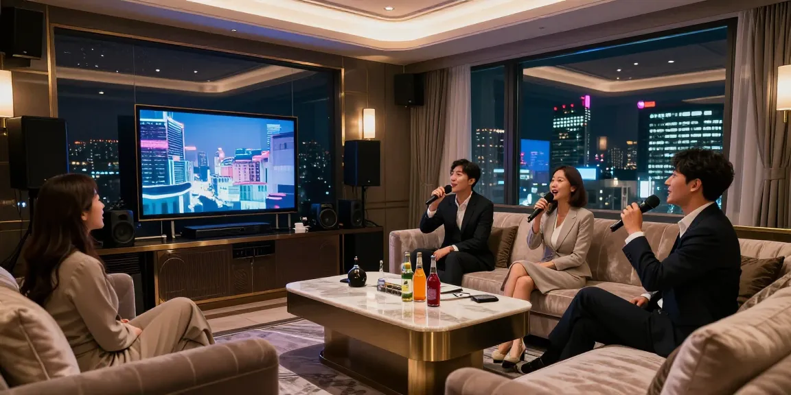 강남쩜오에서의 프리미엄 모임을 즐기는 모습, 고급스러운 인테리어와 조명, 최신 음향장비가 조화를 이루고 있습니다.
