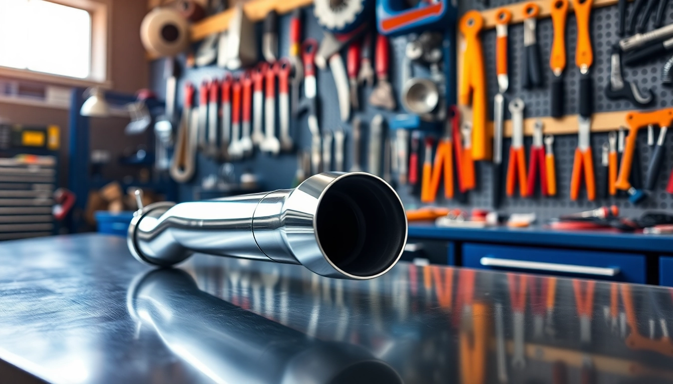 Inspect the G9X downpipe showcased on a polished surface in a well-lit automotive workshop.