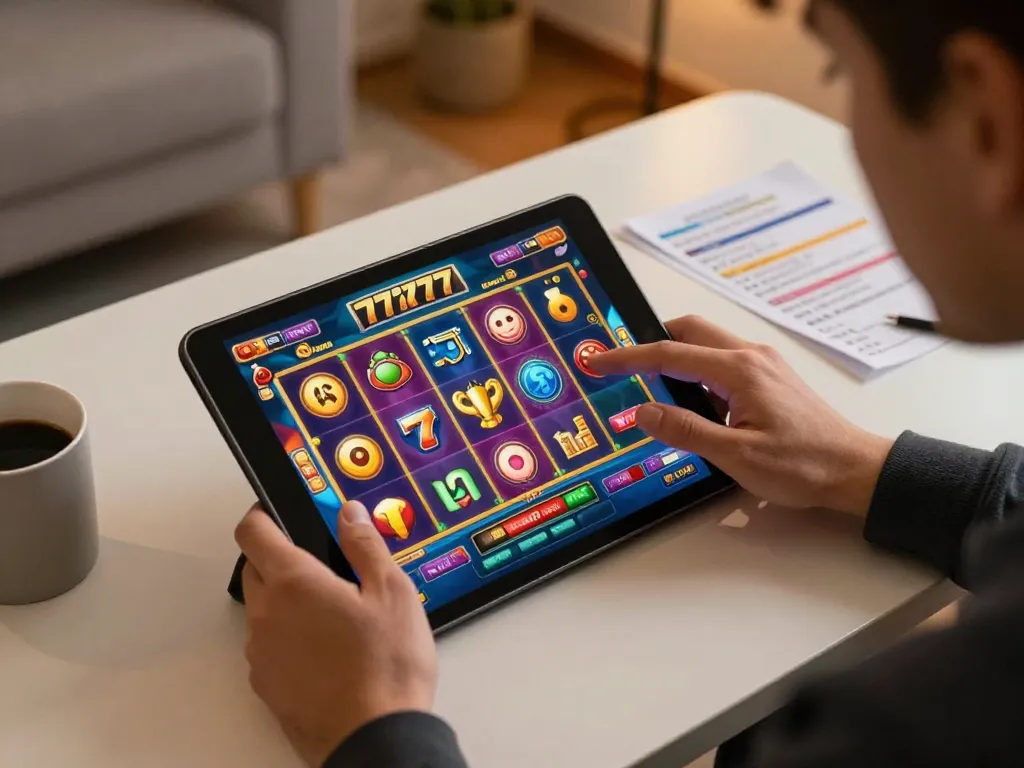Engaging with slot777 game interface on tablet in a cozy home setting