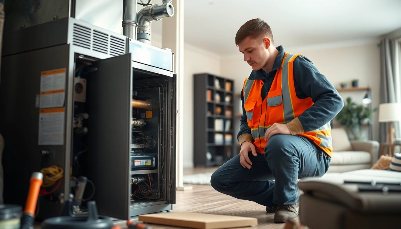 HVAC technician conducting furnace repair somers ny with tools in a cozy living room.